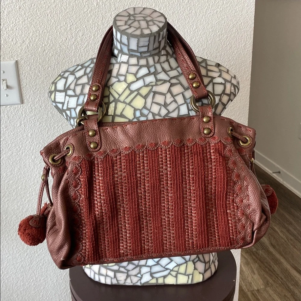 Isabella Fiori Large Shimmery Rust Leather/Knit Pom Tassel Satchel/Hobo Bag - Picture 4 of 11